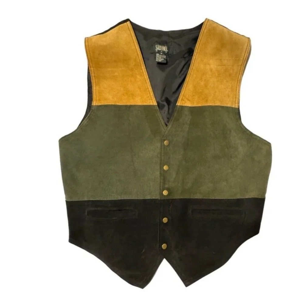 Vtg Stefano men M suede leather vest colorblock biker western cowboy moto rugged